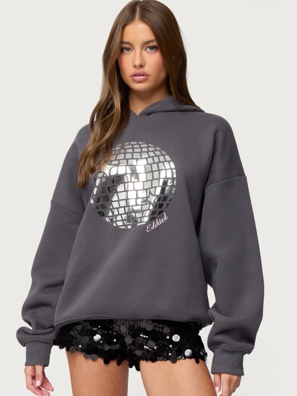 Edikted Oversized Charcoal Gray Hoodie with Silver Disco Graphic